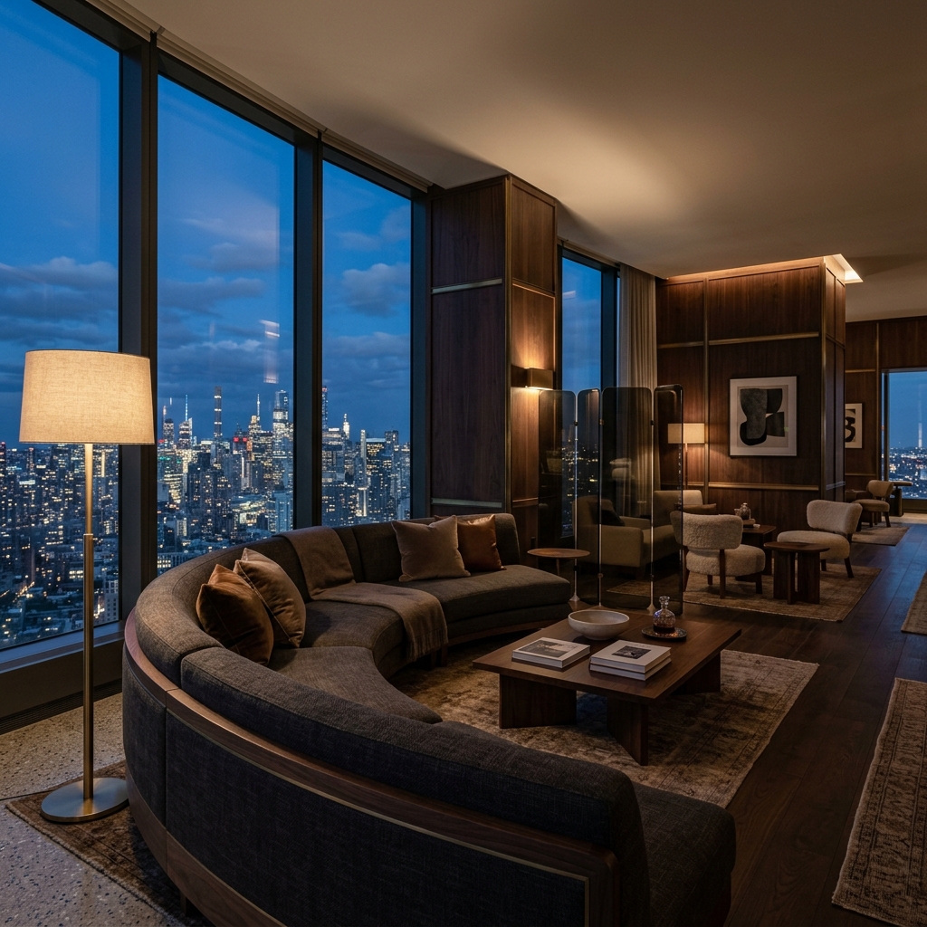 Premium penthouse lounge evening skyline scene