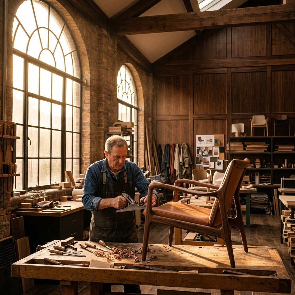 Master craftsman hand-shaping a luxury walnut wood chair in a sunlit atelier