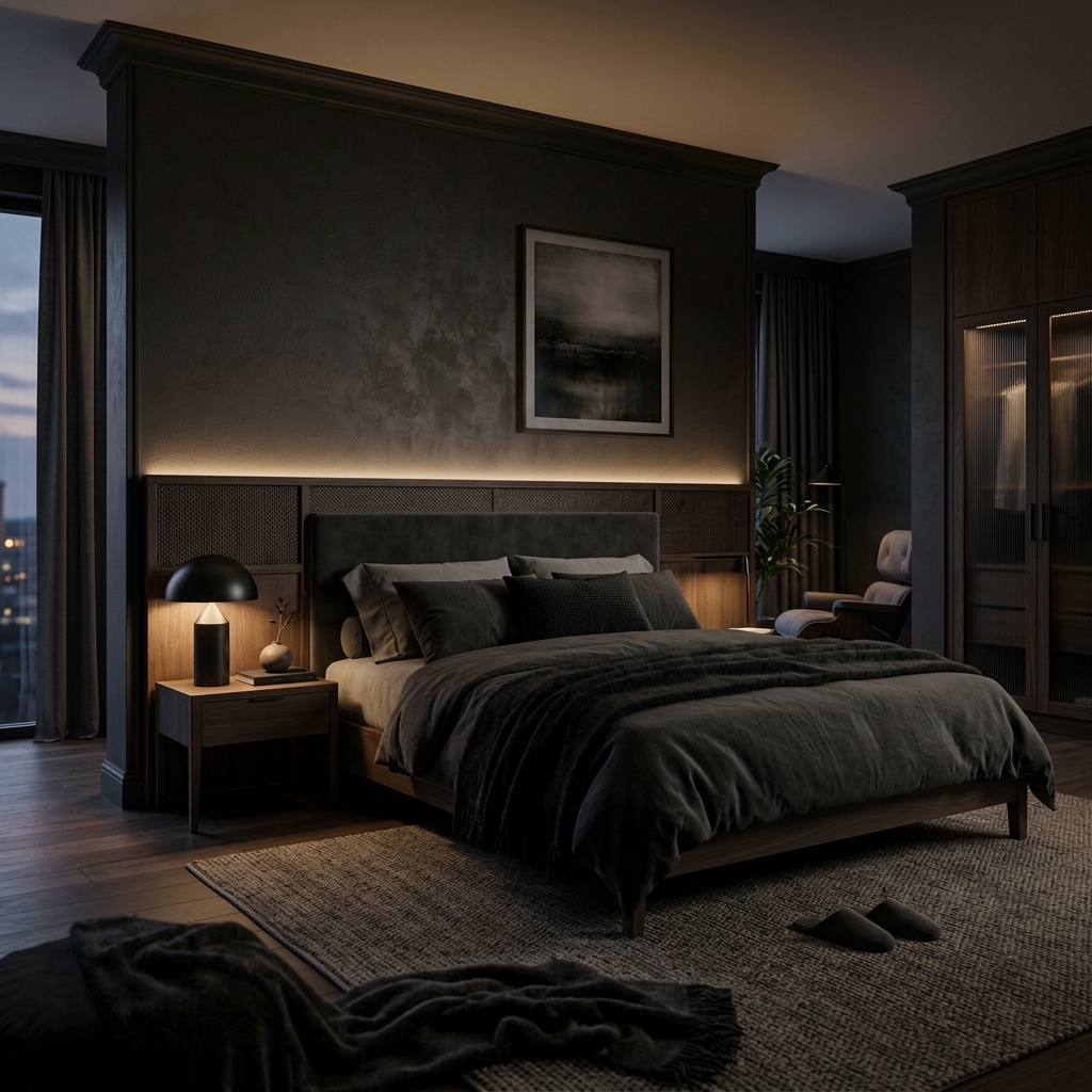 Luxury modern bedroom with premium dark linen bedding